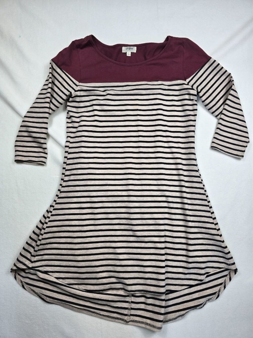 Umgee Small Burgundy & Striped 3/4 Sleeve Tunic Dress